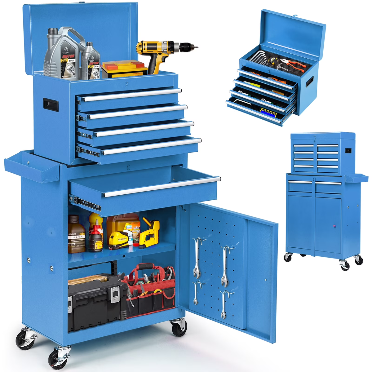 5-Drawer Rolling Tool Chest with Lockable Toolbox, Large Capacity Metal Tool Cabinet with Detachable Top Box, Storage Organizer for Garage & Workshop, Blue