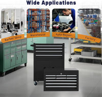 13-Drawer Rolling Tool Chest with Double Doors, 2 in 1 Detachable Rolling Tool Chest with Drawers, Mobile Tool Cabinet Combo, Metal Large Lockable Tool Box for Garage Workshop (Black)