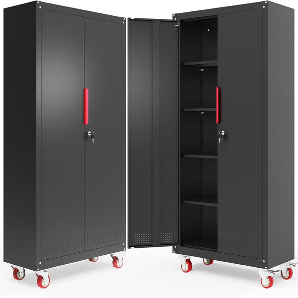 Metal Storage Cabinet with Wheels,71"H Garage Cabinets with 4 Adjustable Shelves + Lockable Door,Heavy-Duty Garage Cabinet and Storage System for Garage,Home Workshop & Office(200 Lbs per Shelf)