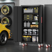 Metal Storage Cabinet with Wheels,71"H Garage Cabinets with 4 Adjustable Shelves + Lockable Door,Heavy-Duty Garage Cabinet and Storage System for Garage,Home Workshop & Office(200 Lbs per Shelf)