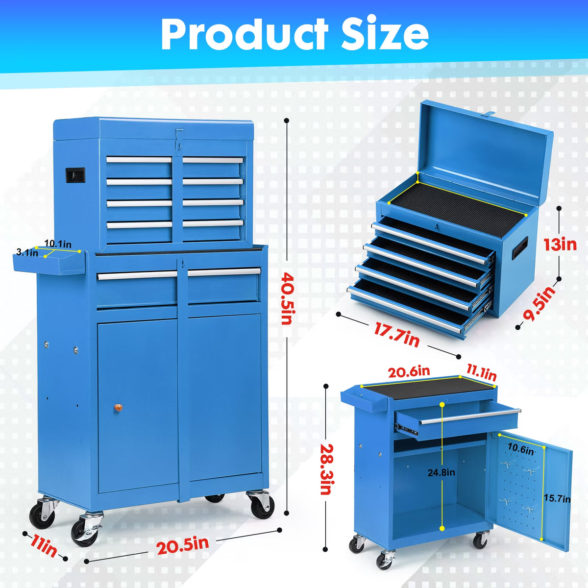 5-Drawer Rolling Tool Chest with Lockable Toolbox, Large Capacity Metal Tool Cabinet with Detachable Top Box, Storage Organizer for Garage & Workshop, Blue