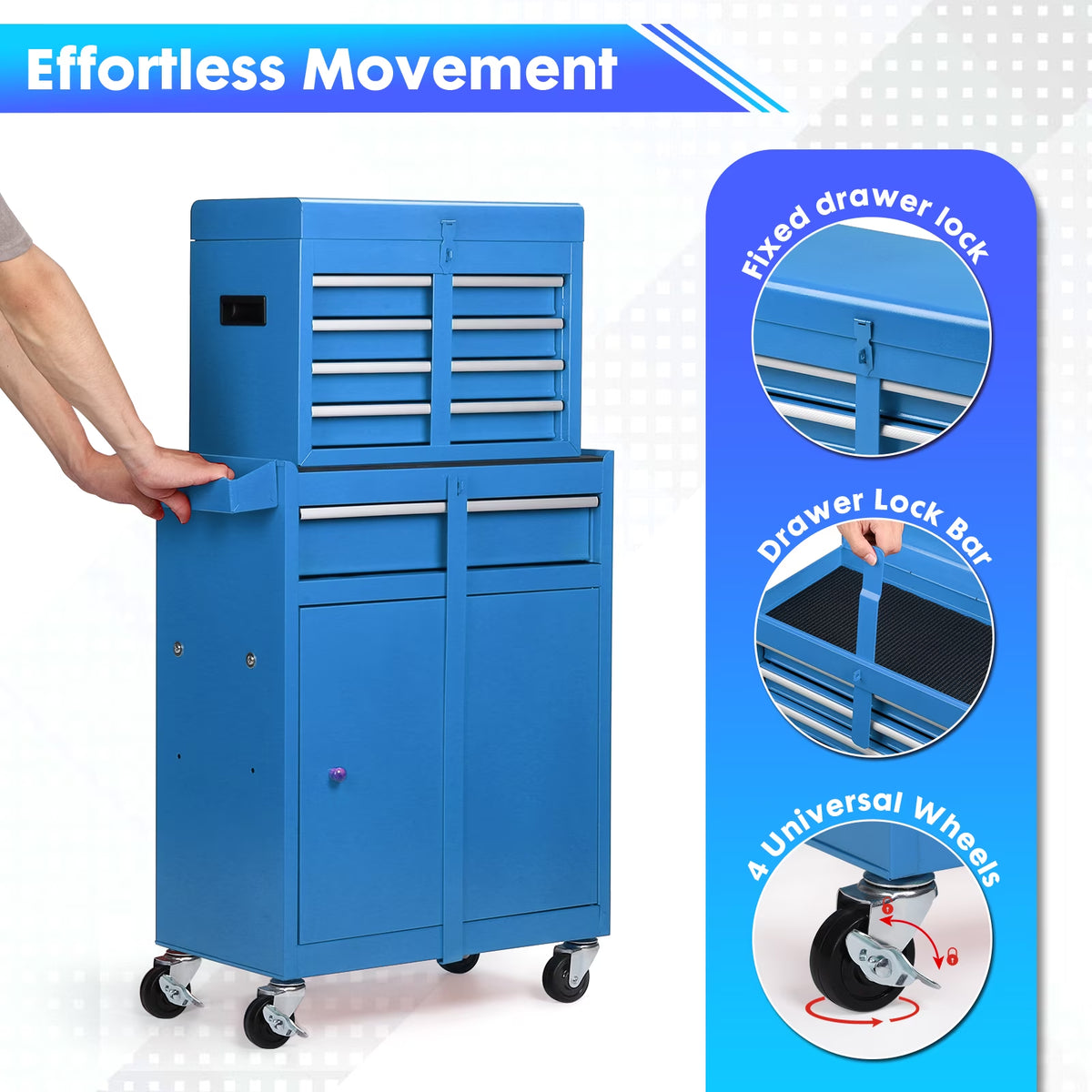 5-Drawer Rolling Tool Chest with Lockable Toolbox, Large Capacity Metal Tool Cabinet with Detachable Top Box, Storage Organizer for Garage & Workshop, Blue