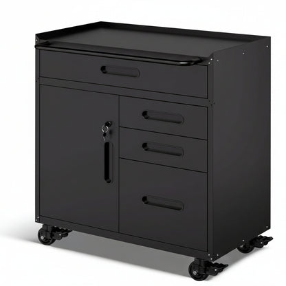 Garage Storage Cabinet,Metal Rolling Tool Cabinet with 2 Pegboard and 10 Hook,Heavy Duty Mechanics Tool Chest Storage for Workshop, Basement,Warehouse,Include Workbench Liner,Black
