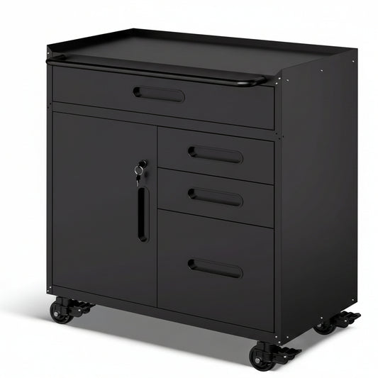 Garage Storage Cabinet,Metal Rolling Tool Cabinet with 2 Pegboard and 10 Hook,Heavy Duty Mechanics Tool Chest Storage for Workshop, Basement,Warehouse,Include Workbench Liner,Black