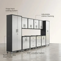 Garage Cabinet System Built to Organize Tools, 10-Piece Heavy Duty Steel, Modular Layout, Lockable Doors — Feature Infographic