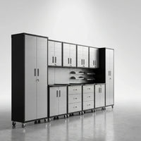 Garage Cabinet System Built to Organize Tools, 10-Piece Heavy Duty Steel, Modular Layout, Lockable Doors — Studio Shot
