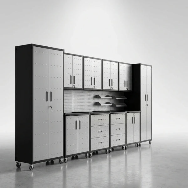 Garage Cabinet System Built to Organize Tools, 10-Piece Heavy Duty Steel, Modular Layout, Lockable Doors