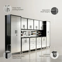 Garage Cabinet System Built to Organize Tools, 10-Piece Heavy Duty Steel, Modular Layout, Lockable Doors — Feature Infographic