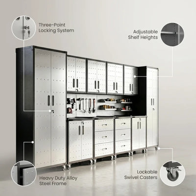 Garage Cabinet System Built to Organize Tools, 10-Piece Heavy Duty Steel, Modular Layout, Lockable Doors
