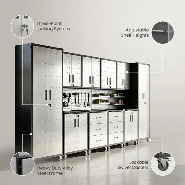 Garage Cabinet System Built to Organize Tools, 10-Piece Heavy Duty Steel, Modular Layout, Lockable Doors — Feature Infographic